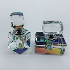 Lot of 2 Small Art Deco Iridescent Rainbow Color Crystal Glass Perfume Bottles picture
