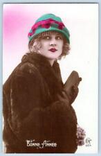 1920's RPPC NEW YEAR HANDCOLORED FLAPPER HAT FUR COAT BEAUTIFUL WOMAN POSTCARD picture
