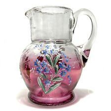 Antique 1880s Victorian Hand Blown Glass Pitcher Hand Painted Flowers Ladybug picture