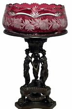Antique Victorian Cranberry Glass Bridal’s Basket On Intricate Bronze Stand 19”H picture