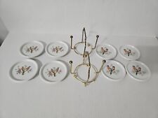 Vintage INTERPUR Porcelain Coasters Brass Holder Set of 8 Bird Plates 3.5 inch picture