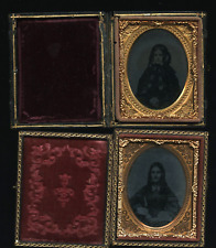 Two 1/9 Ambrotype Photos of Women including Banded Leather Case picture