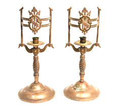Antique Tudor Shield Church Alter Bronze Candle Holders R&H Spec MFG. Co Chicago picture