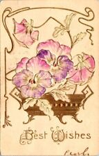 vintage postcard - BEST WISHES pink flowers embossed posted 1907 picture