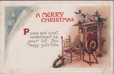 A Merry Christmas Greeting Fireplace Wreath 1923 Postcard 6342d2 picture