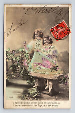 c1908 RPPC French Hand Colored Portrait Two Young Girls Wavy Hair ELD Postcard picture
