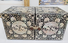Japanese Mother Of Pearl Wood Jewelry Box w 4 Interior Drawers Crane Themed picture