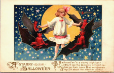 Antique Halloween Postcard Winsch A Starry Halloween Girl Gobelins Bat Aeroplane picture