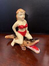 Vintage Woman Sitting/Riding On Alligator Salt And Pepper Shaker picture