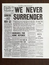 SMALL POSTER/NEWSPAPER PAGE(8.5”x 7”) 1940 DUNKIRK &  “WE SHALL NEVER SURRENDER” picture
