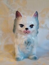 Vintage 1950s Large White Cat Hand Painted Ceramic Planter Japan Blue Pink 7