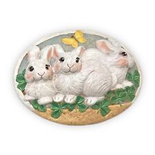 Vintage 3D Domed Oval Porcelain Flatback Wall Plaque Easter Bunny Bunnies Rabbit picture