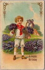 c1910s HAPPY BIRTHDAY Embossed Gel Postcard Boy w/ Basket of Purple Flowers picture
