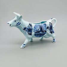Vintage DBL Blue Delft Porcelain Glazed Milk Cow Creamer Holland Windmill Floral picture