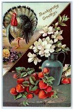 c1910's Thanksgiving Greetings Turkey Strawberry Flowers Embossed Postcard picture