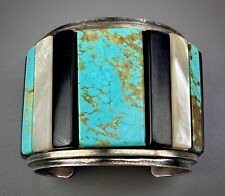 HUGE Vintage Navajo Silver Turquoise Multi Stone Cornrow Inlay Cuff Bracelet picture