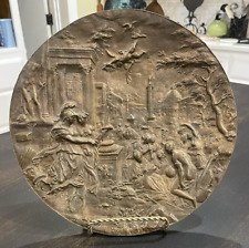 Antique Continental Bronze Relief Charger Plate Romantic Scenes Cherubs B92 picture