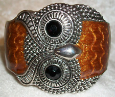 Anthropologie Enamel Silver Plate Great Horned Owl Bird Boho Clamper Bracelet picture