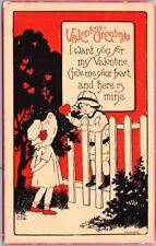 1910s Bergman VALENTINE GREETINGS Postcard Boy Girl Fence Artist-Signed LEHMANN picture