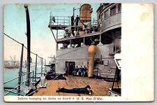 Newport RI Navy Sailors Lounging On Decks Board Man O War Battle Ship 1910 picture