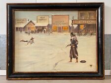 🔥 Antique Old Western Americana Cowboy Gun Shootout Oil Painting, Palmer 1940s picture