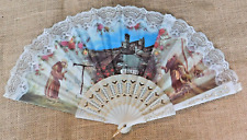 Assisi Italy Souvenir Tourist Hand Fan Italian Lace Trim Vintage picture