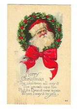 1924 Christmas Postcard Santa Big White Beard & Wreath With Red Bow picture