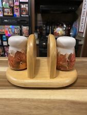 Vintage Maple Wood Napkin Holder Ceramic Fall Leaves Salt & Pepper Shakers picture