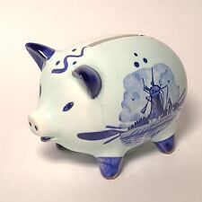 Vintage DBL Brand Glazed Ceramic Blue & White Piggy Bank, With Windmill Design picture