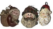 3 Rustic Primative Old World Style Santa Clause Head Ornaments, Carved & Painted picture