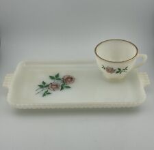 Anchor Hocking Anniversary Rose Milk Glass W/ Gold Rimmed Teacup & Snack Tray picture