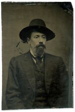 CIRCA 1860'S 1/6 Plate 2.38X3.5 in TINTYPE Rugged Man Goatee in Wide Brimmed Hat picture