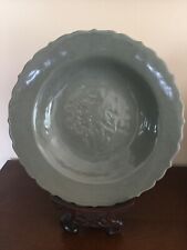 Antique Chinese Porcelain 12  Yuan Dynasty Celadon plate w/ carved wood stand picture
