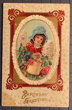 Vintage Victorian Postcard 1929 Birthday Greetings - Girl with Watering Can picture