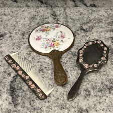 Antique Hand Mirror Brush Art Nouveau PORCELAIN Insert Brush & Comb PINK ROSES picture