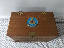 Vtg Free Mason Fraternal Lodge Wood Box w/ Enameled Metal emblem Masonic temple picture