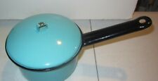 Vintage Enamelware Sauce Pan  Aqua blue / black with top small picture