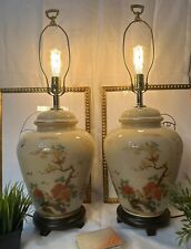 Vtg Hand Painted Porcelain Ceramic  Ginger Jar Chinoiserie Asian Table Lamp Pair picture