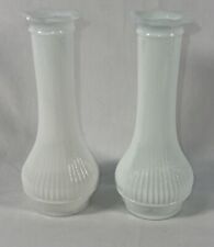 VTG Randall White Milk Glass Bud Vase Thin Ribbed Scalloped Rim Set of 2 6’’ picture