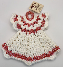New Hand Crafted Crocheted Cotton Little Dress White Red Pot Holder NWT Retro picture