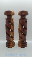 Mid-Century Modern Carved Wood Candle Holders Two-Tone Barley Twist Set of 2 MCM picture