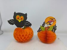 Pair of Vintage Hallmark Honeycomb Paper Halloween Decorations - Owl & Witch picture