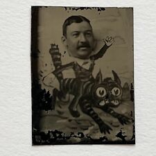 Antique Miniature Tintype Arcade Photograph Man Riding Tabby Cat Tiger Fun Odd picture