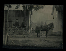 outdoor men driving horse carriage houses street antique tintype photo 1800s picture