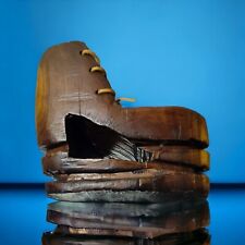 Vtg Folk Art Small Wooden Boot/Shoe w/ Laces Hand Chainsaw Carved  picture