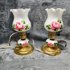 Pair Of Vintage Gone With The Wind Hurricane Lamps Pink Rose Milk Glass~ Handles picture