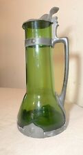 large antique 1800's German Arts and Crafts pewter green glass tankard pitcher picture