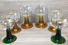 6  x Vintage Amber GREEN Beehive Stem Hand Engraved, Brandy/Hock Glasses picture