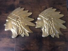 2 Vintage Brass Native American Indian Profile Head Wall Plaque 10” picture