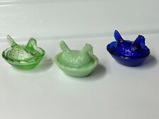 MINI  HENS ON NESTS Set Of 3-Green, Cobalt Blue, And Jadite -2 And 1/2” picture